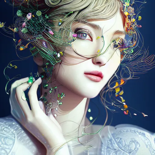 Image similar to the portrait of an absurdly beautiful, graceful, elegant, sophisticated, young idol made up of lemons, an ultrafine hyperdetailed illustration by kim jung gi, irakli nadar, intricate linework, bright colors, octopath traveler, final fantasy, unreal engine 5 highly rendered, global illumination, radiant light, detailed and intricate environment