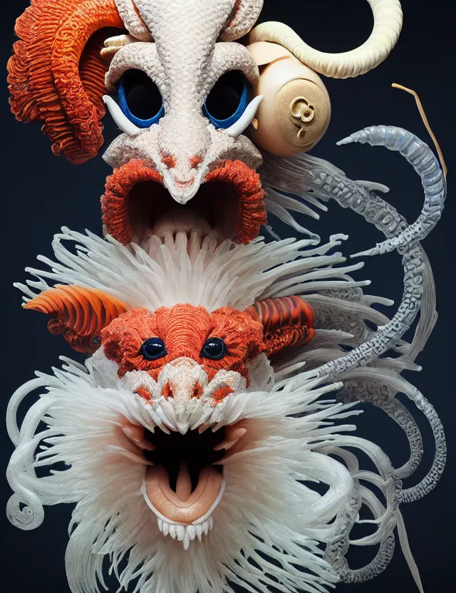 Image similar to 3 d muppet half - turn portrait with ram skull. beautiful intricately detailed japanese crow kitsune mask and clasical japanese kimono. betta fish, jellyfish phoenix, bio luminescent, plasma, ice, water, wind, creature, artwork by tooth wu and wlop and beeple and greg rutkowski