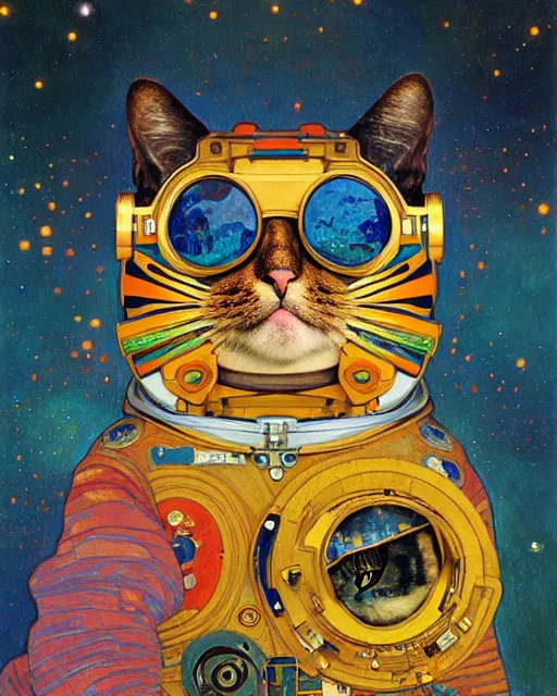 Image similar to cosmonaut cat portrait an oil painting splashes with many colors and shapes by gustav klimt greg rutkowski and alphonse mucha, polycount, generative art, psychedelic, fractalism, glitch art