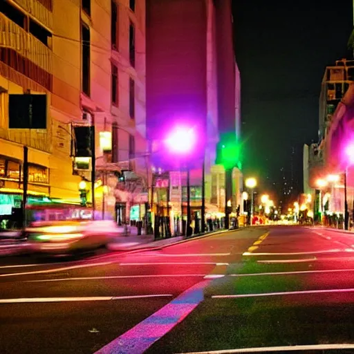 Prompt: And traffic lights, and pink headlights crossing. This city, which is clearer than a midnight nightmare. Good image quality.