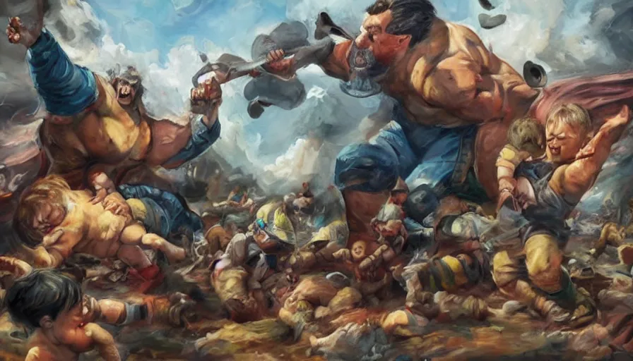 Image similar to photo - realistic painting of giant man - babies battling