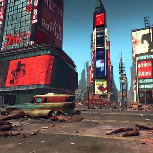 Image similar to Times Square in ruins post-nuclear war in Fallout 4, in game screenshot