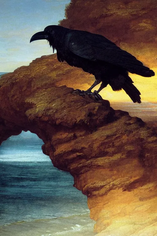 Image similar to a breathtakingly stunningly beautifully highly detailed extreme close up portrait of a raven under a rock arch, epic coves crashing waves plants, beautiful clear harmonious composition, dynamically shot, wonderful strikingly beautiful dynamic epic sunset, detailed organic textures, by frederic leighton and rosetti and turner and eugene von guerard, 4 k