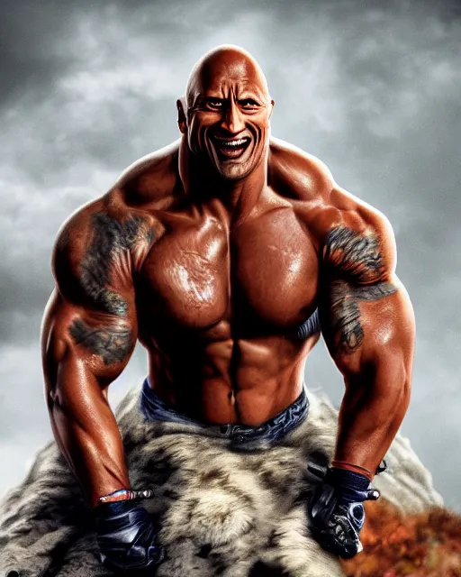 Image similar to an epic dramatic portrait of dwayne johnson as the maxx, very low angle, detailed face, smiling like a jerk, epic art, trending on artstation, deviantart, high detail, high definiton, ultra realistic, hyper realistic, photo realistic, 4 k uhd