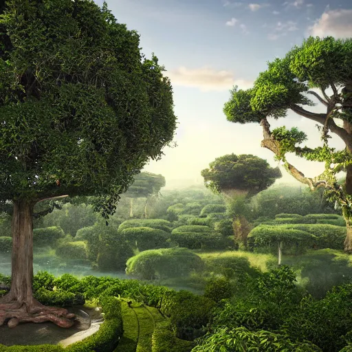 Image similar to a realistic photograph of the garden of eden with the tree of life in the center, hyperrealistic, cinema 4 d, cinematic, rendering unreal engine 5