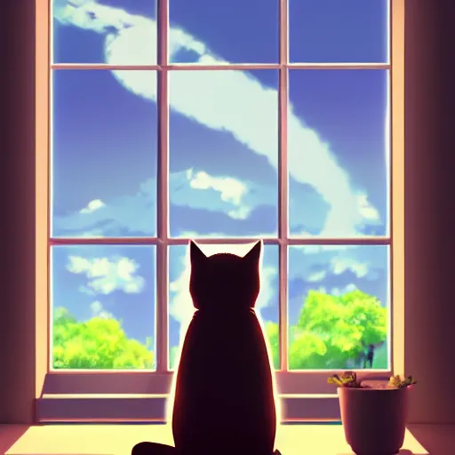 Image similar to a cat sitting on the window ledge watching over a beautiful anime city in the style of Tue Tue on ArtStation and Ayush Pant on ArtStation, the cat is pictured from behind, 4k,