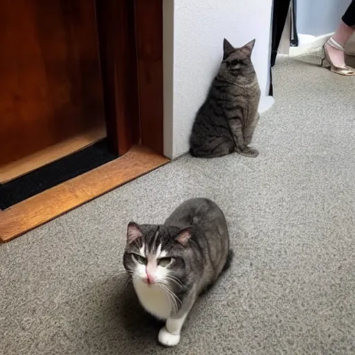 Prompt: gigantic fat cat blocking the doorway, annoyed human staring at the giant cat blocking the door