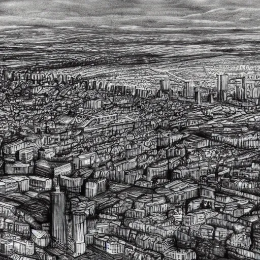 Image similar to a black and white sketch of manchester from above