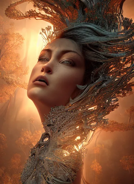 Prompt: beauteous sumptuous biomechanical incredible hair, crystalline masterpiece incrustations, hyperdetailed face, elegant pose, movie still, intricate, octane render, cinematic technology forest lighting, fractaltrees, cgsociety, unreal engine, crepuscular rays, god rays