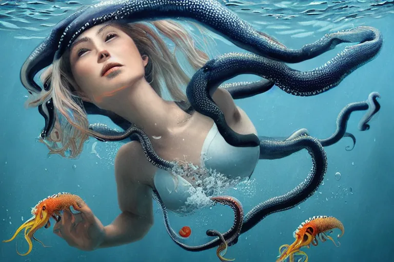 Prompt: long shot photo woman swimming with squids, highly detailed, photorealistic, reflections, smooth, sharp focus, concept art, illustration, beautiful, geometric, trending on artstation, cinematic, featured on behance , artwork by WLOP and Tran, Ross