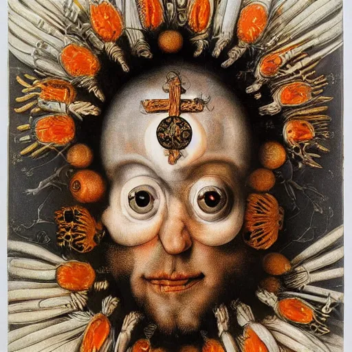 Prompt: album cover, religious reliquary, black, white, orange, psychedelic, giuseppe arcimboldo