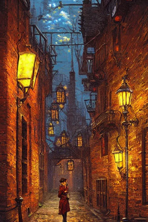 oil painting steampunk alley with cobblestone street | Stable Diffusion ...