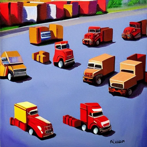 Image similar to an awesome painting with trucks by peter klasen