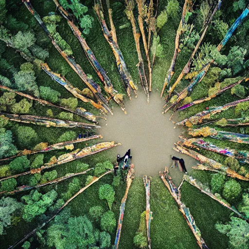 Image similar to group of female soldiers, searching through iridescent woods, makeshift camp, aerial photography, eerie, beautiful, stunning, intricate detail, cinematic, award winning photography