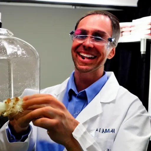 Image similar to a scientist shows off his captive live specimen that is the funniest thing in the world. the room the scientist is in is full of news reporters laughing hysterically while holding cameras and microphones.