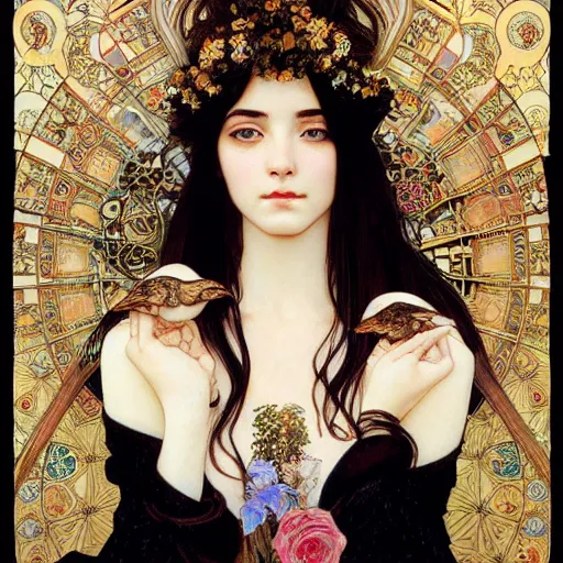 Prompt: highly detailed portrait of a beautiful cute girl with birds, endless black hair, with pale skin, fibonacci, fragile, sitted on an intricate stone throne by alphonse mucha, ayami kojima, yoshitaka amano, charlie bowater, karol bak, greg hildebrandt, jean delville, and mark brooks, 4 k resolution