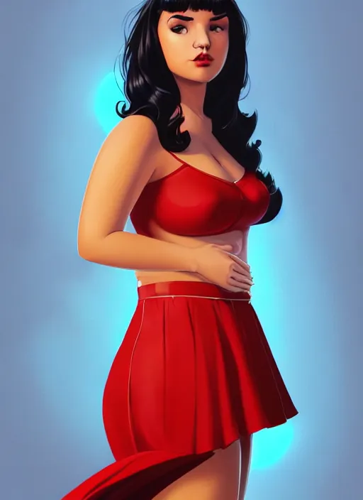 Image similar to full body portrait of teenage veronica lodge, obese, bangs, sultry, realistic, sultry smirk, wavy hair, red skirt, fat, belly, intricate, elegant, glowing lights, highly detailed, digital painting, artstation, concept art, smooth, sharp focus, illustration, art by wlop, mars ravelo and greg rutkowski