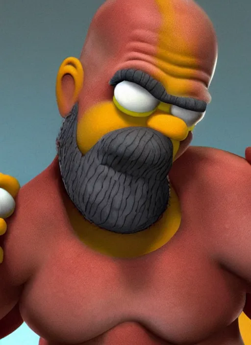 Image similar to Homer Simpson depicted as Kratos God of War, high detailed official artwork