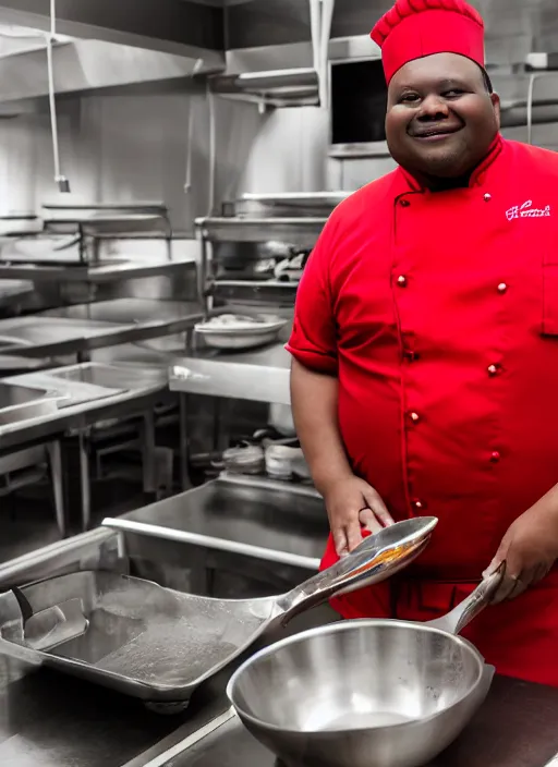 Image similar to portrait photo still of real life school chef jerome mcelroy fat with red shirt and apron and chef hat in school cafeteria holding a ladel, 8 k, 8 5 mm, f. 1 4