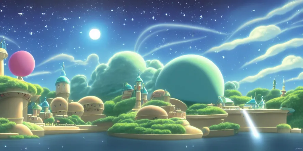 Image similar to background plate matte painting ghibli miyamoto pixar dreamworks rosalina's comet observatory.