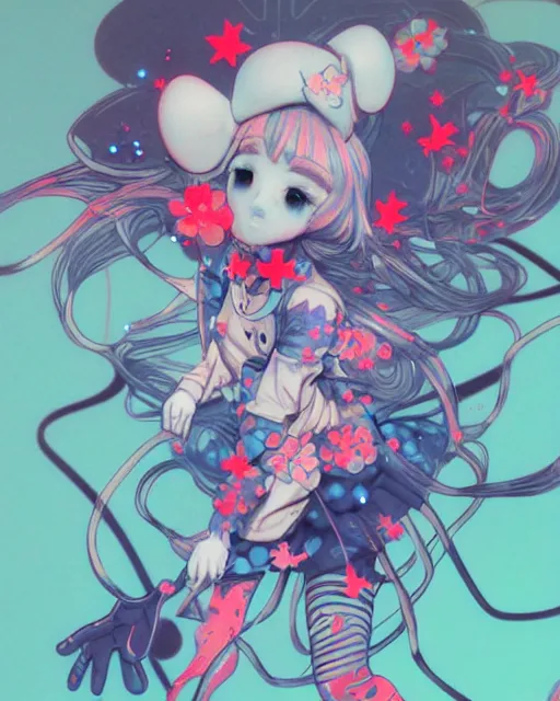 Image similar to james jean isolated vinyl figure harajuku magical girl character design, figure photography, dynamic pose, holographic undertones, motion shapes color design, glitter accents on figure, anime stylized cute guro, sharp focus, accurate fictional proportions, high delicate defined details, ethereal lighting