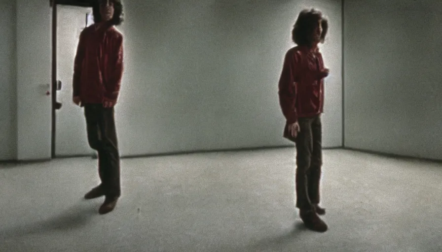 Image similar to 7 0 s film still from a horror movie featuring a person suffering from treacher collins syndrome standing alone in a liminal space, kodachrome, cinecolor, cinestill, photorealism, cinematic, film grain, film texture, vhs recording