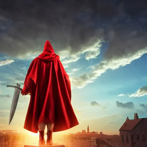 Image similar to man wearing a cloak and holding two red daggers, cinematic, sunset, medieval city background, painting, art