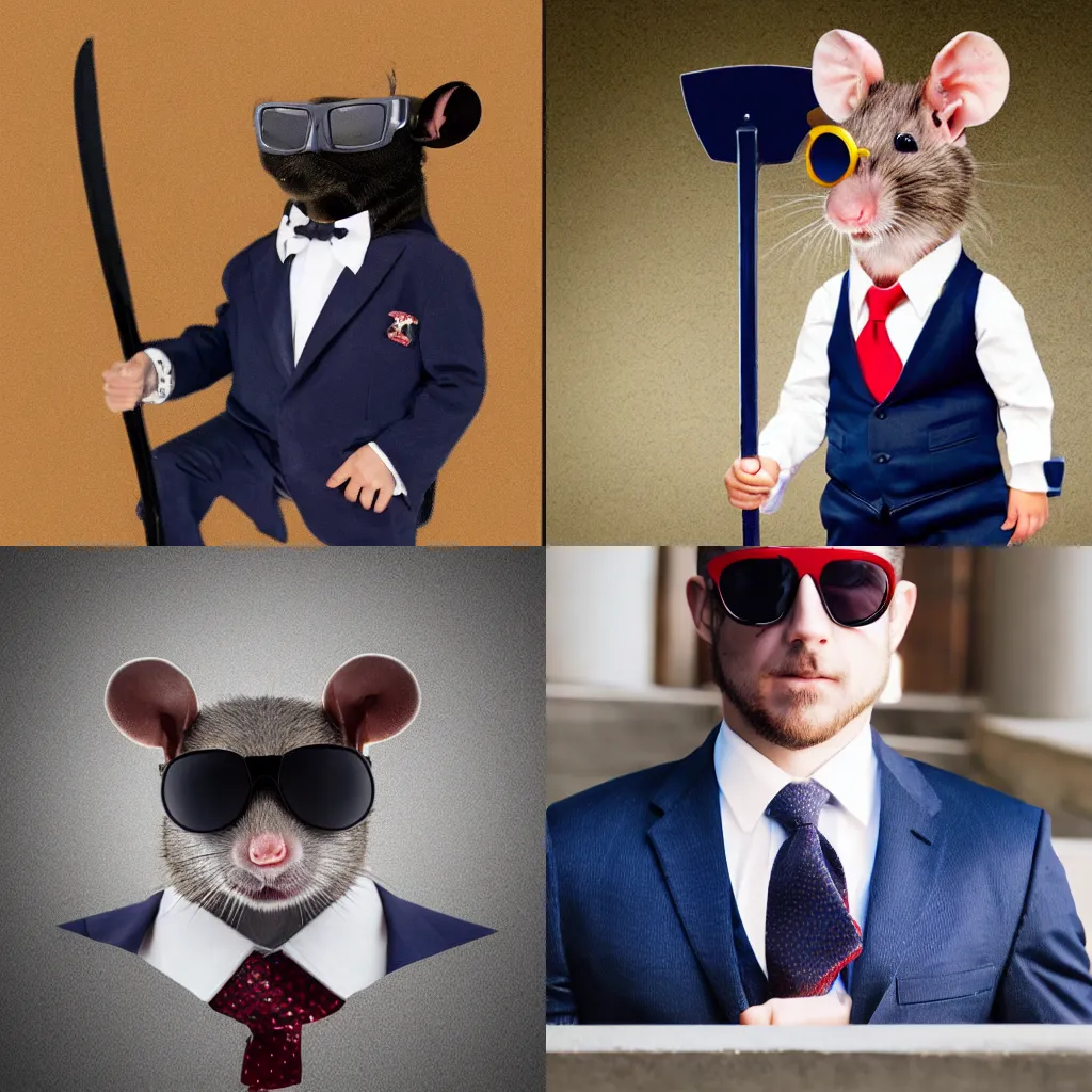 Prompt: photograph of rat wearing navy suit red tie sunglasses holding ax