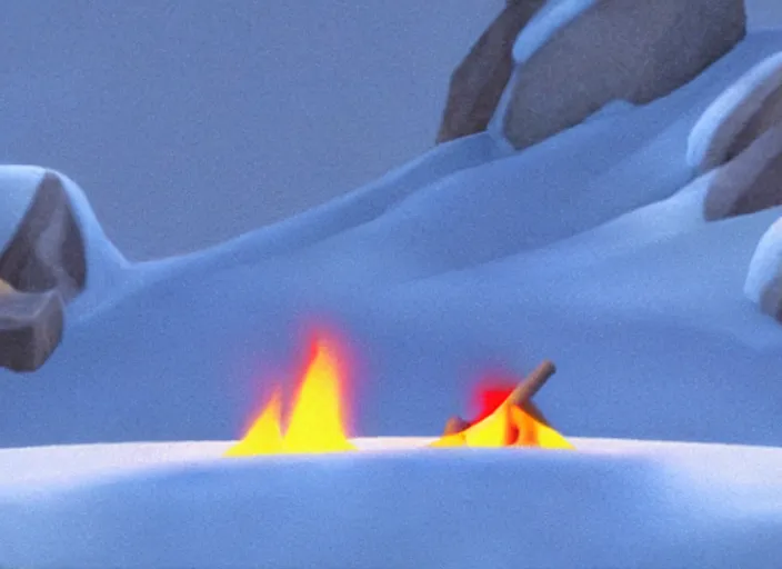 Image similar to tiny smoldering campfire glowing in a stark minimalist frozen creek snowdrift landscape from mulan ( 1 9 9 8 )