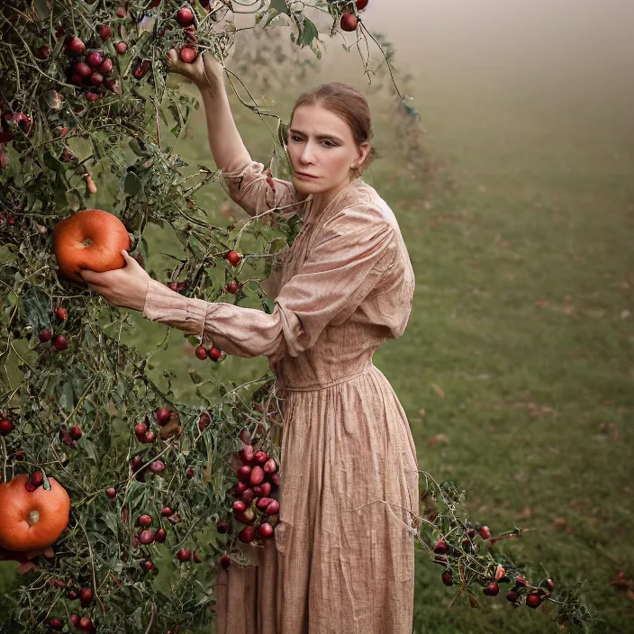 Prompt: a closeup portrait of a woman wearing a dress made of tangled twine and ribbon, picking pomegranates from a tree in an orchard, foggy, moody, photograph, by vincent desiderio, canon eos c 3 0 0, ƒ 1. 8, 3 5 mm, 8 k, medium - format print