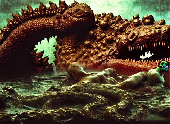 Prompt: photo of wet slimy godzilla attacking the raft of the medusa, by lawrance alma - tadema by roger corman by richard corben by rick baker, fujifilm velvia 5 0. masterpiece. intricate, hyper realism, high detail, octane render, unreal engine, 8 k, by katsuhiro otomo