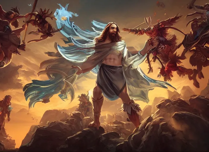 Image similar to jesus christ character concept art, digital illustration, trending on artstation, intricate details, epic composition, sharp focus, 8 k uhd, masterpiece, league of legends splash art