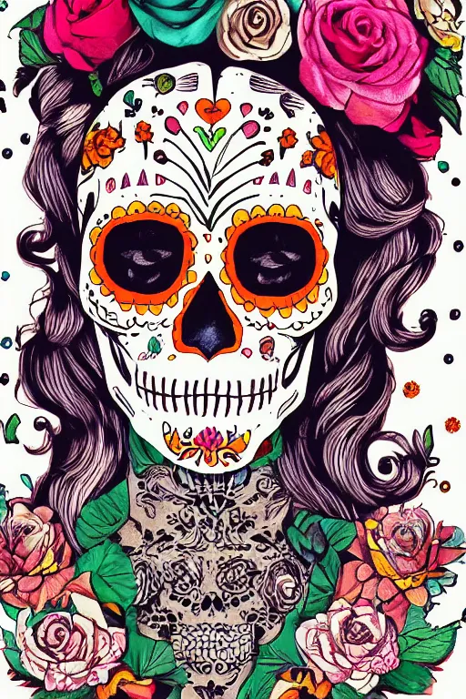 Image similar to Illustration of a sugar skull day of the dead girl, art by wes anderson