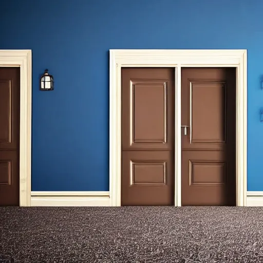 Image similar to dark nostalgic empty house at night with stairs in the middle and doors on either side, one door is closed and the door on the right is open to a blue bathroom, tan carpet