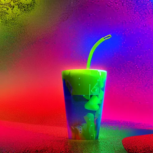 Prompt: cherry limeade smoothie drip explosion, intricate complexity, surreal horror, psychedelic glitch art, neon rainbow drip paint, trending on art station, photoreal, 8 k, octane render