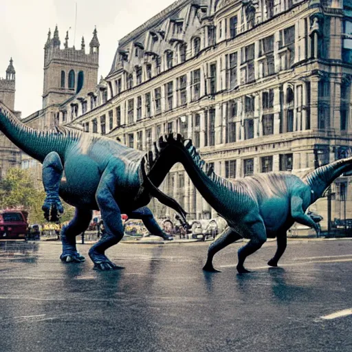 Prompt: photo of dinosaurs rampaging through London