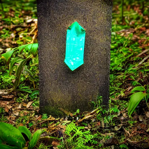 Image similar to side view of a beautiful abandoned tombstone with an embedded emerald laying on the ground, in a deep forest, overgrown foliage taking over it, close - up, 3 5 mm, biopunk, bokeh, beautiful, lens flare, emotional, detailed, picture, trending on artstation, award - winning, shiny, golden, octane render