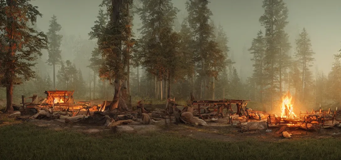 Image similar to longhouse, campfire, teepee, very detailed, octane render, realistic, 8 k, unreal engine 5, dramatic, volumetric, dead trees, dusk, greg rutkowski