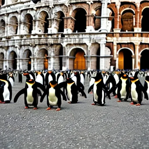 Image similar to penguins in conquistador armor visit rome