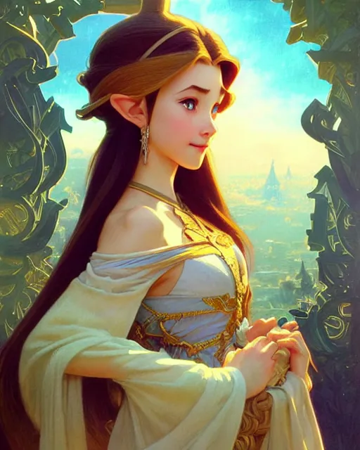 Image similar to portrait of disney! zelda, intricate, elegant, highly detailed, my rendition, digital painting, artstation, concept art, smooth, sharp focus, illustration, art by artgerm and greg rutkowski and alphonse mucha and uang guangjian and gil elvgren and sachin teng and wlop!, symmetry!!