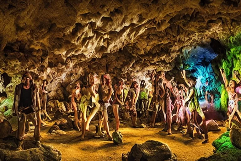 Prompt: Stone Age rave in a cave, I’m the style of Peter Goodfellow