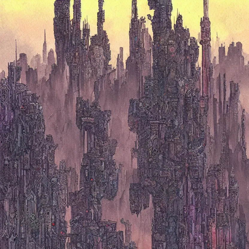 Image similar to a watercolor ink painting of a cyberpunk castle in the style of jean giraud in the style of moebius trending on artstation deviantart pinterest detailed realistic hd 8 k high resolution