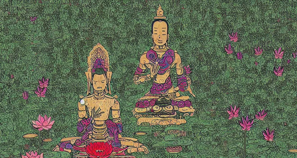 Image similar to a 1 0 0 0 armed quan yin robot sitting in prayer in the lotus garden, digital art h 9 6 0