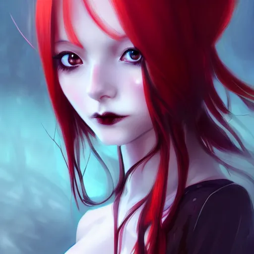 Image similar to facial portrait of a young pretty anime woman, long red hair, dark eyes, gothic eyeliner, character concept art, headshot, Charlie Bowater, Anna Dittmann, WLOP, Rumiko Takahashi, Akihiko Yoshida, Hyung-tae Kim, alexander mcqueen, trending on Artstation