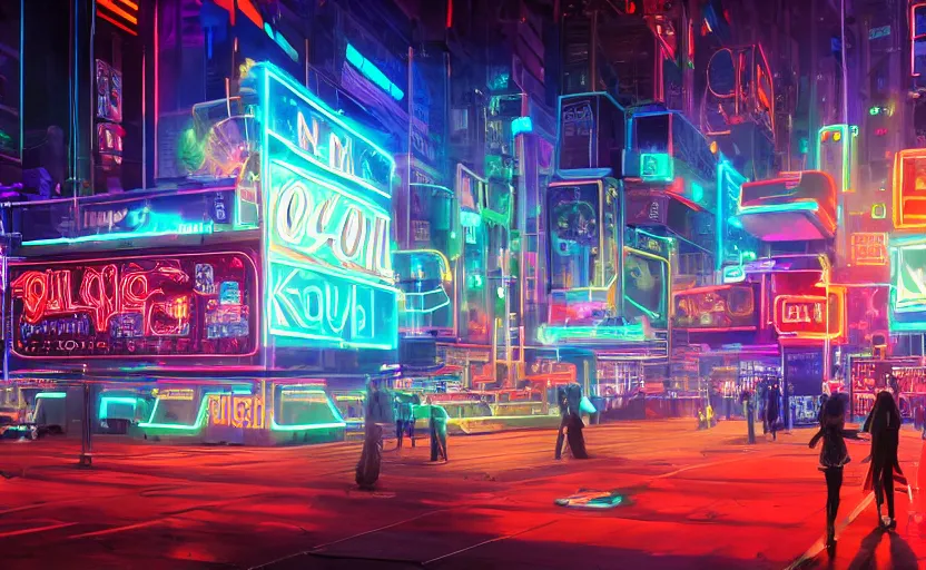 Image similar to futuristic neon signs in a scene of ( millions of people ) waking up, ( robot cyborgs ), futuristic oil painting by jeff koonz, ( ( led panel screens and projections ) ), ( ultra realistic ), dynamic lighting, octane render, ( ( vertical led lighting ) ), 3 5 mm lens, film grain