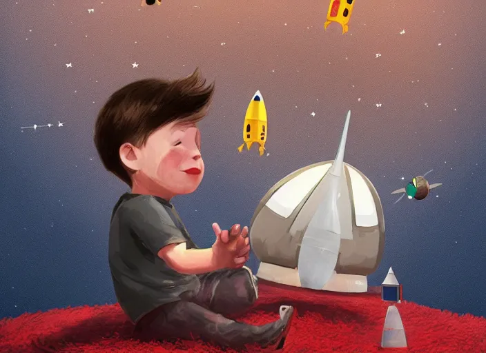 Prompt: elon musk as a toddler playing with his space rockets on a fluffy rug, concept art, digital painting, soft cinematic lighting, artstation