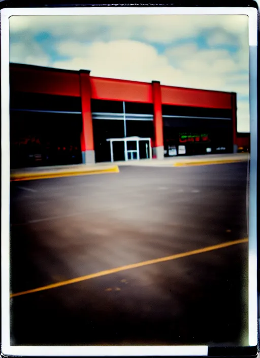 Image similar to polaroid photograph of an empty blockbuster store parking lot, liminal space, familiar place, mannequins, black mold, amateur, 3 5 mm, raw, 4 k, hd