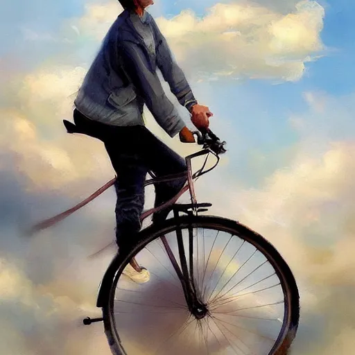 Image similar to A man riding his bicycle through the clouds in the sky, evokes feelings of wonder and amazement, an expressive oil painting by Krenz Cushart