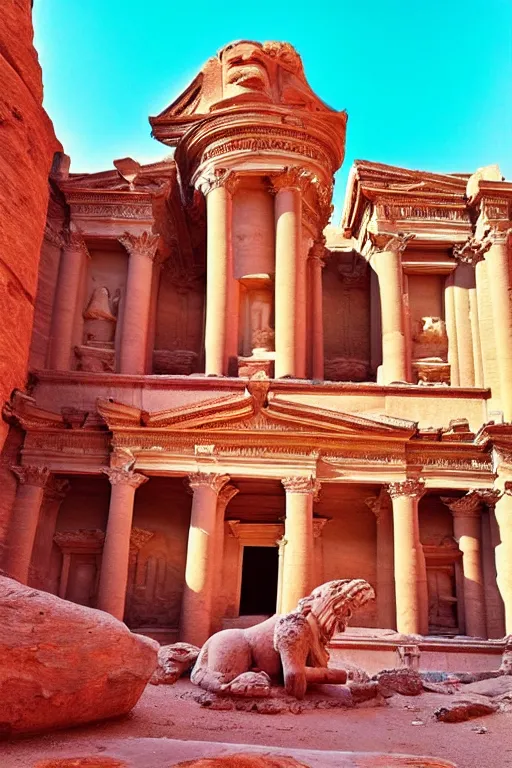 Prompt: “ a vaporwave photo of the ancient city of petra and a roaring griffin statue ”