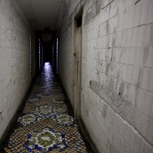 Prompt: creepy derelict tiled corridor at night